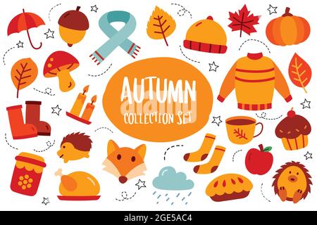 Autumn collection set flat color style. Autumn season icon. Stock Vector