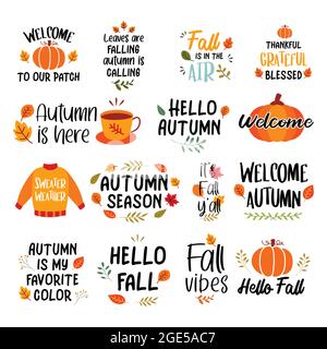 Autumn hand drawn lettering set. Autumn phrases with slogan stickers bundle design. Stock Vector