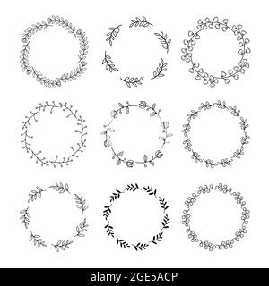 Floral wreath with leaves hand drawn round frames. Wedding wreath decorative leaves elements vintage. Stock Vector