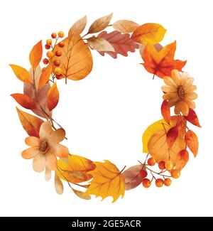 Autumn leaves watercolor wreaths and frame border. Stock Vector