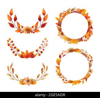 Autumn flower and leaves watercolor style. Wreaths and frame border. Stock Vector