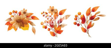 Autumn flowers bouquet in a watercolor style. Floral and leaves bouquets arrangements. Stock Vector