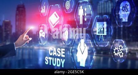 Businessman pressing case study button on virtual screens. Stock Photo