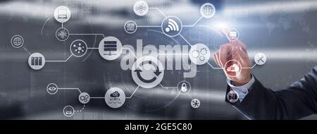 Man clicks on the Update icon. Upgrading concept. Stock Photo