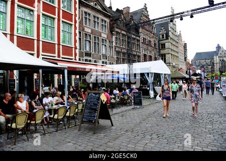 Restaurants and bars along the Graslei street in Ghent, Belgium. Stock Photo