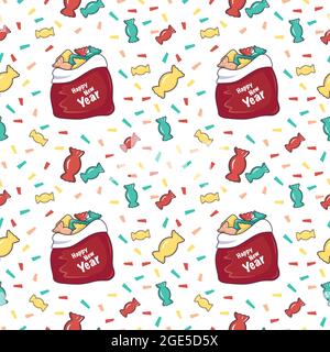 Seamless pattern with red boxes of gifts and the inscription Happy New Year, Santa bags with sweets. Holiday print for Christmas and winter holidays, textiles, wrapping paper and decorations. Stock Vector
