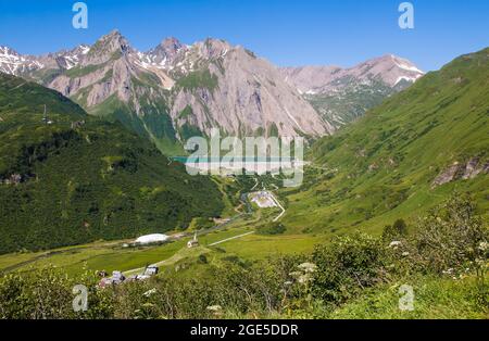 Aerial view of Riale alpine village and Morasco lake in Val Formazza, Piemonte, Italy Stock Photo
