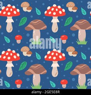 Seamless childrens pattern with mushrooms, amanitas, foliage and polka dots on blue background. Vector natural texture with fungus and leaves. Wallpap Stock Vector