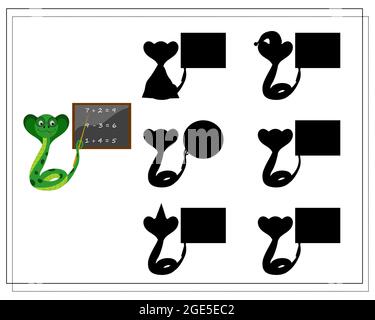A logical game for children, find the right shadow. cute cartoon snake, vector isolated on a white background. Stock Vector