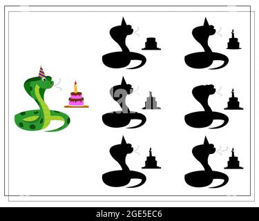A logical game for children, find the right shadow. cute cartoon snake, birthday, vector isolated on white background. Stock Vector