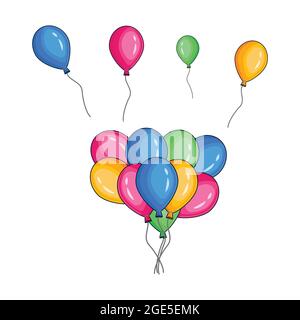 bunch of helium balloons. flying balloons. colorful balloons isolated design on white background Stock Vector