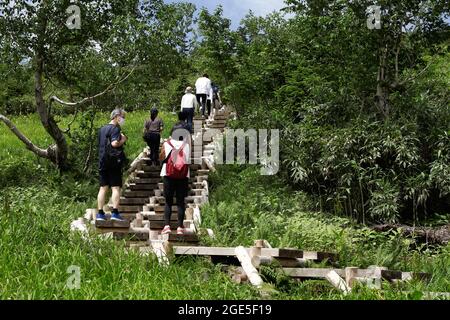 Nagano, Japan, 2021-10-08 , people walking on a wooden trail at Tsugaike park. Stock Photo