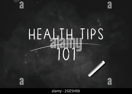 Health Tips 101  written with chalk on black board icon logo design vector illustration  symbol Stock Vector