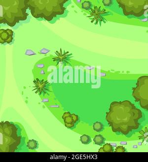 Hilly lawn in the forest. View from above. Countryside rural landscape. Rocks. Green foliage of trees and shrubs. Top view. Background illustration in Stock Vector