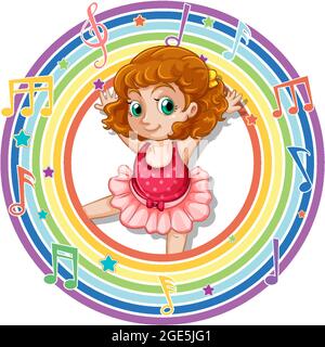Ballerina in rainbow round frame with melody symbols illustration Stock ...