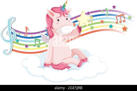 Unicorn standing on the cloud with melody symbols on rainbow wave ...