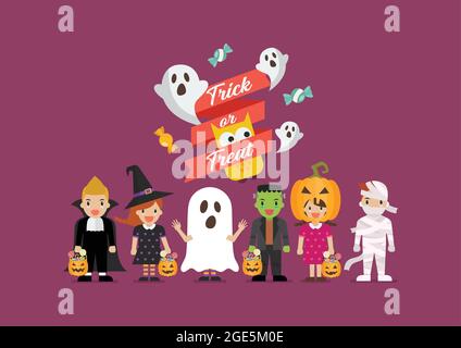 Halloween party children in scary different costumes. Collection of cartoon children in carnival costumes. Vector illustration Stock Vector