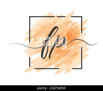 calligraphic lowercase letters F and P are written in a solid line on a colored background in a frame. Simple Style Stock Vector