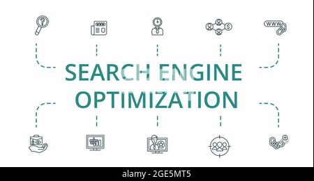 Search Engine Optimization icon set. Contains editable icons theme such as social media marketing, web links, target audience and more. Stock Vector
