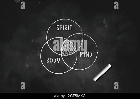 Spirit  Body Mind overlapping  in   Venn Diagram  drawn  with chalk on blackboard icon logo design vector illustration Stock Vector