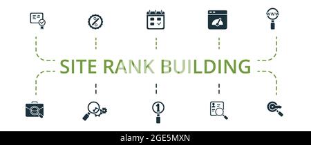 Site Rank Building icon set. Contains editable icons theme such as discount campagn, full speed browsing, seo profile and more. Stock Vector