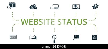 Website Status icon set. Contains editable icons theme such as campaign deadline, seo monitoring, top 10 chart and more. Stock Vector
