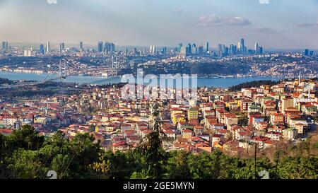 View from the hill, Bueyuek Camlica Park of the city of Istanbul on the Bosphorus, bridge and skyline, Camlica, Istanbul, Turkey Stock Photo