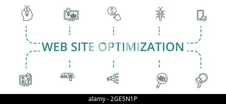 Web Site Optimization icon set. Contains editable icons theme such as bug fixing, marketing idea, device optimization and more. Stock Vector