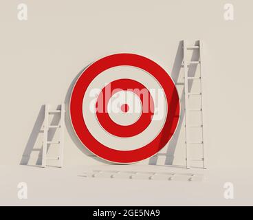 A dartboard and multiple ladders against a white wall. Concept of reaching target or goal. 3D rendering illustration. Stock Photo