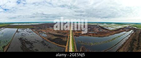 Peat cutting panorama aerial photo, Esterweger Dose in Emsland, drone photo, area shortly after cutting, renaturation, Lower Saxony, Germany Stock Photo