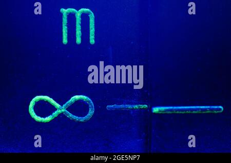 Infinity icon on the lens in luminescent paint close-up. Metric focal length Stock Photo