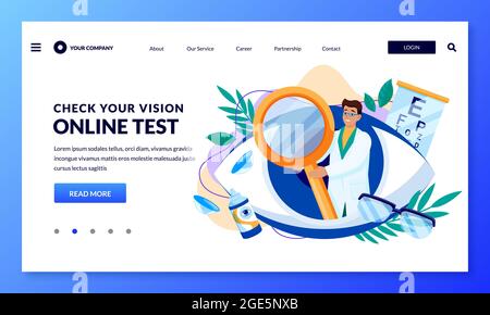 Eyesight check, abstract illustration. Doctor with magnifying lens, vision test, and glasses. Vector flat cartoon medical design elements. Concept of Stock Vector