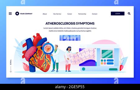 Atherosclerosis symptoms concept. Doctors diagnose human heart, blood vessels and do cardiogram. Vector flat cartoon characters illustration. Consulta Stock Vector