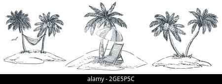 Tropical islands with palm trees, hammock, parasol and chaise longue. Vector hand drawn sketch landscape illustration. Summer beach vacation design el Stock Vector