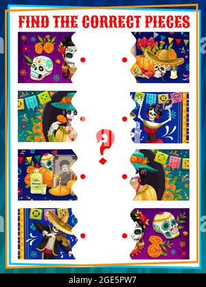 Dia de los muertos find the half kids game, vector riddle connect correct pieces with Mexican Dead day cartoon characters mariachi musicians, sugar sk Stock Vector