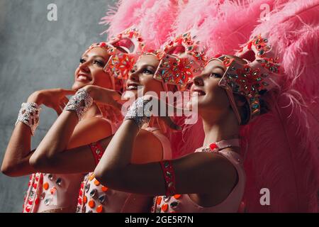 Three Women profile portrait in samba or lambada costume with pink feathers plumage. Stock Photo