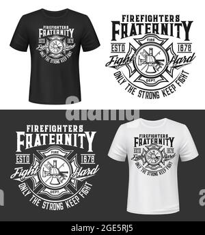 Fire department firefighter emblem t-shirt retro print template. Firefighting rescue service apparel vector print. Fireman dept maltese cross symbol w Stock Vector