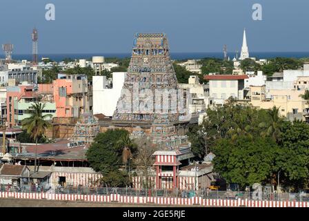 Bird's eye view of the Chennai city and Kapaleeshwarar temple with tank