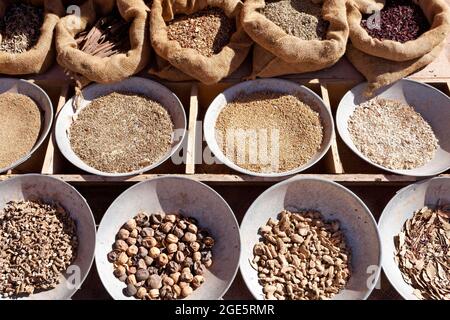 Various spices, offered in bowls, Petra, UNESCO World Heritage Site, Kingdom of Jordan Stock Photo