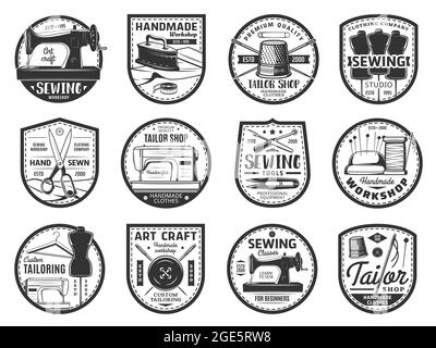 Sewing and tailor vector icons with threads, needles, buttons and sewing machines. Sew crafts and needlework tool isolated pins and spool, fabric and Stock Vector