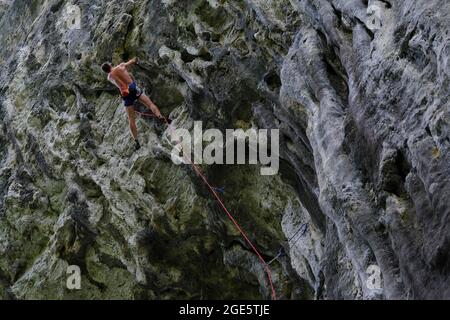 Climbing on a rock face, lead climbing, sport climbing, Buzetski kanjon, climbing area, Istria, Croatia Stock Photo