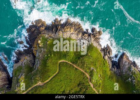 Rocky coast, drone shot, North Atlantic, Saint-Coloumb, Brittany, France Stock Photo