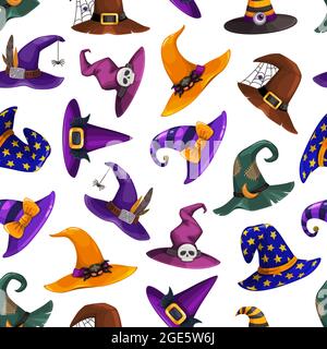 Witch hats vector seamless Halloween pattern. Cartoon wizard headwear, traditional magician caps decorated with spider web, furthers, stripes or stars Stock Vector