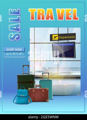 Vector travel banner. Vector travel banner. Vector vacation flyer with flight schedule and luggage on the airport background. Stock Vector
