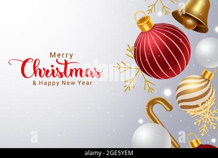 Merry christmas vector background design. Merry christmas text with falling xmas element like balls and snowflakes decoration with empty space. Stock Vector