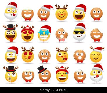 Christmas smileys character vector set. Christmas cartoon character like santa claus, ginger bread and smiley in different facial expression. Stock Vector
