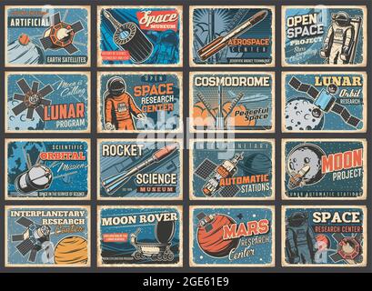Galaxy, spaceship and outer space vintage posters, vector rocket shuttle flight to galaxy planets. Spacecraft rocket in spaceflight from sky to moon o Stock Vector