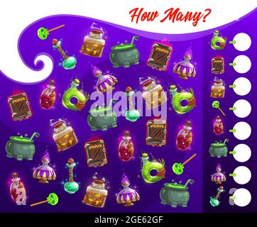 Halloween counting game or puzzle with cartoon magic objects. Vector template of children math education worksheet or riddle, how many witch potion bo Stock Vector