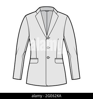 Blazer fitted jacket suit technical fashion illustration with single breasted, notched lapel collar, flap pockets, fitted body, hip length. Flat template front, grey color. Women, men CAD mockup Stock Vector