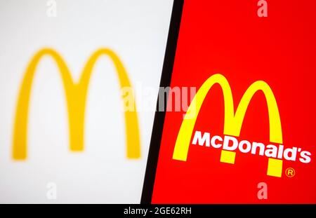 Ukraine. 16th Aug, 2021. In this photo illustration a McDonald's logo is seen on a smartphone and a pc screen. Credit: SOPA Images Limited/Alamy Live News Stock Photo